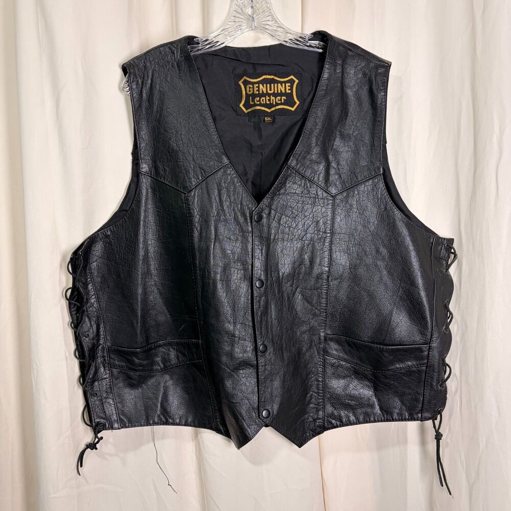 Genuine Leather Biker Vest Mens 5XL Black Side Lace Motorcycle Riding Snap Front
